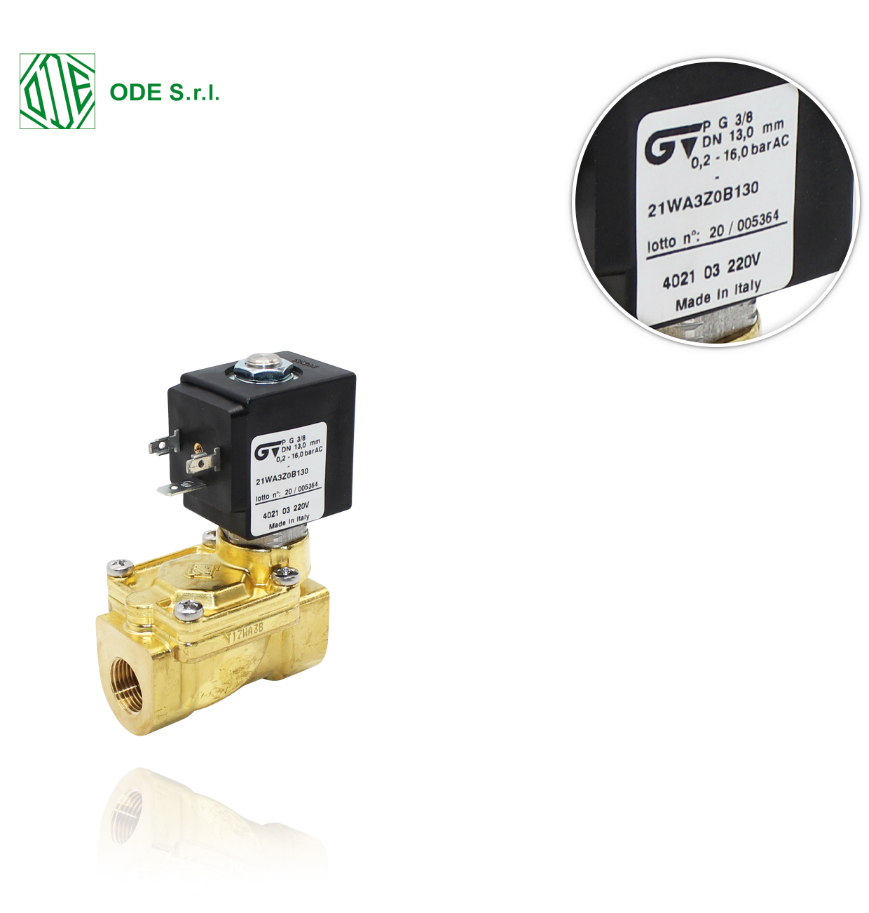 NO R3/8" 220V/50Hz ODE indirect acting 2-way SOLENOID VALVE for water